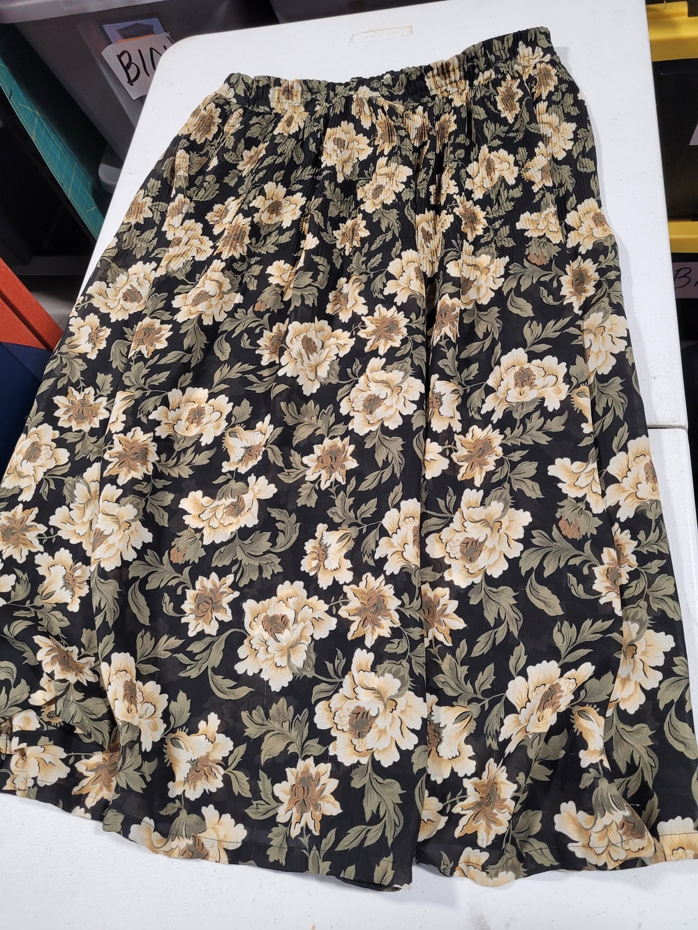 Floral Midi Skirt in Black and Beige - Women's Skirt